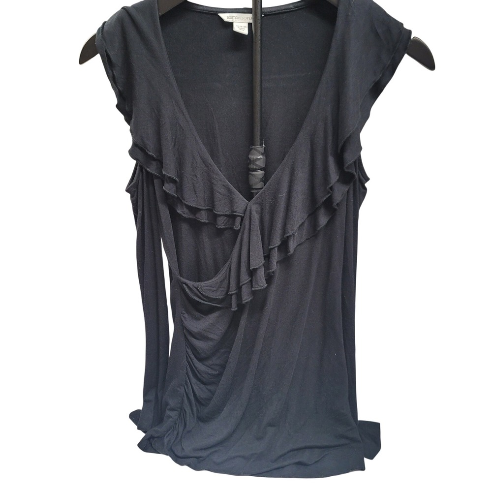 Boston Proper Black Cold Shoulder Ruffle V Neck Long Sleeve Gathered Top XS